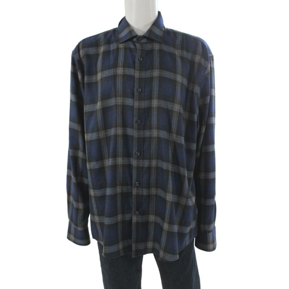 James Tattersall Mens Button Front Collared Plaid Shirt Blue Gray Cotton 3XL